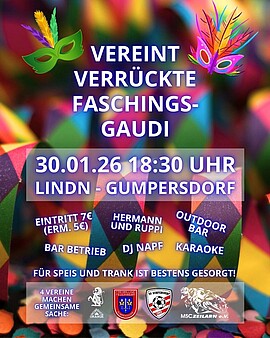 Banner VEREINT VERRÜCKTE FASCHINGSGAUDI 2026 – Gumpersdorf dreht auf!